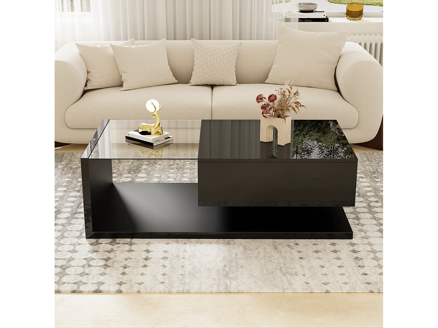 Table basse noir brillant, avec verre et éclairage LED – Élégance moderne pour salon