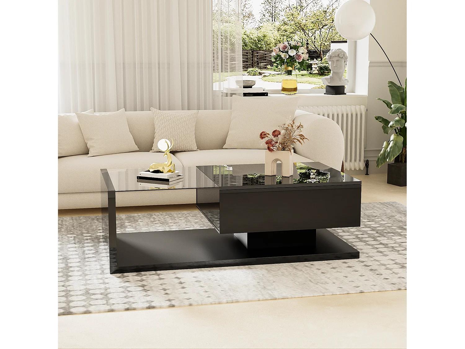 Table basse noir brillant, avec verre et éclairage LED – Élégance moderne pour salon