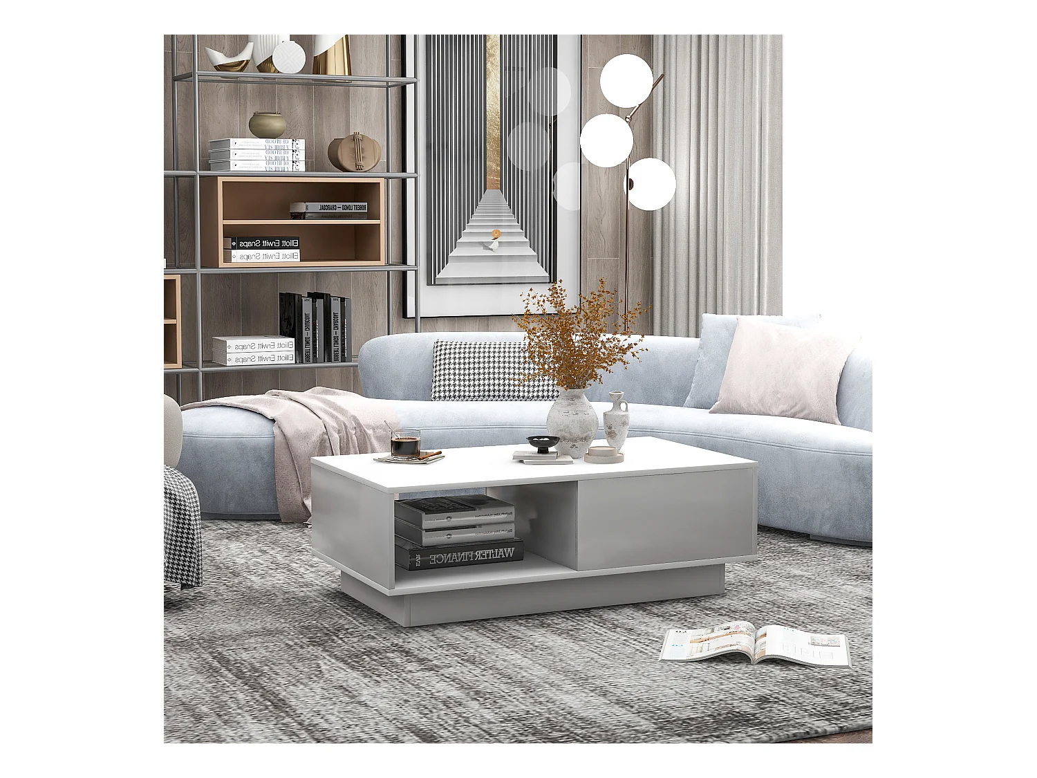 Table basse rectangulaire blanche 95×55×32 cm, haute brillance avec LED 15 couleurs, table moderne idéale pour salon, thé et déco.