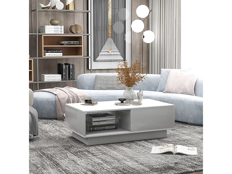 Table basse rectangulaire blanche 95×55×32 cm, haute brillance avec LED 15 couleurs, table moderne idéale pour salon, thé et déco.