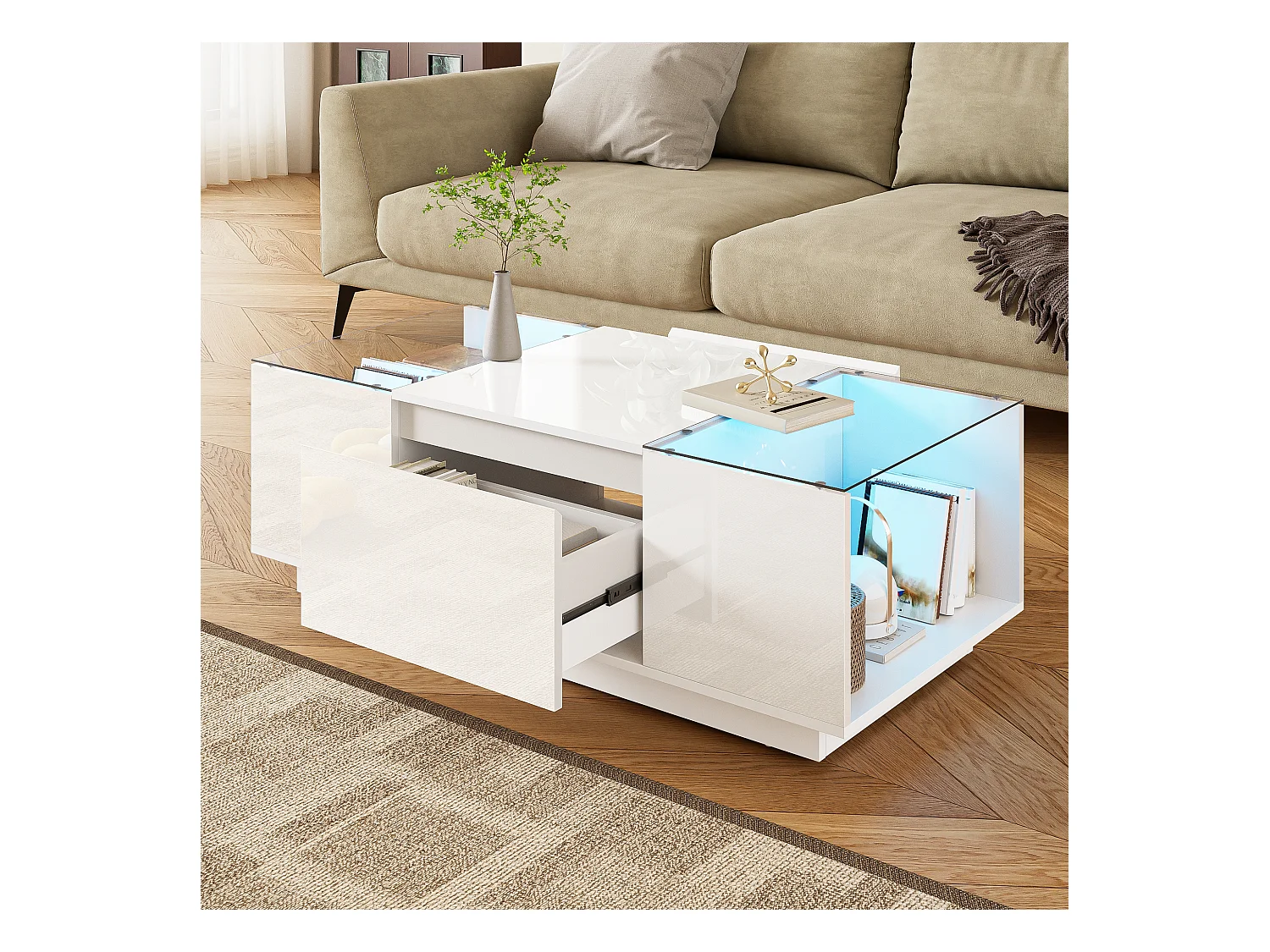 Couchtisch 105 cm moderne et minimaliste avec espace de rangement, illumination d’ambiance LED, plateau en verre et 2 tiroirs