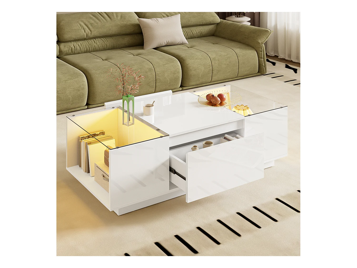 Couchtisch 105 cm moderne et minimaliste avec espace de rangement, illumination d’ambiance LED, plateau en verre et 2 tiroirs