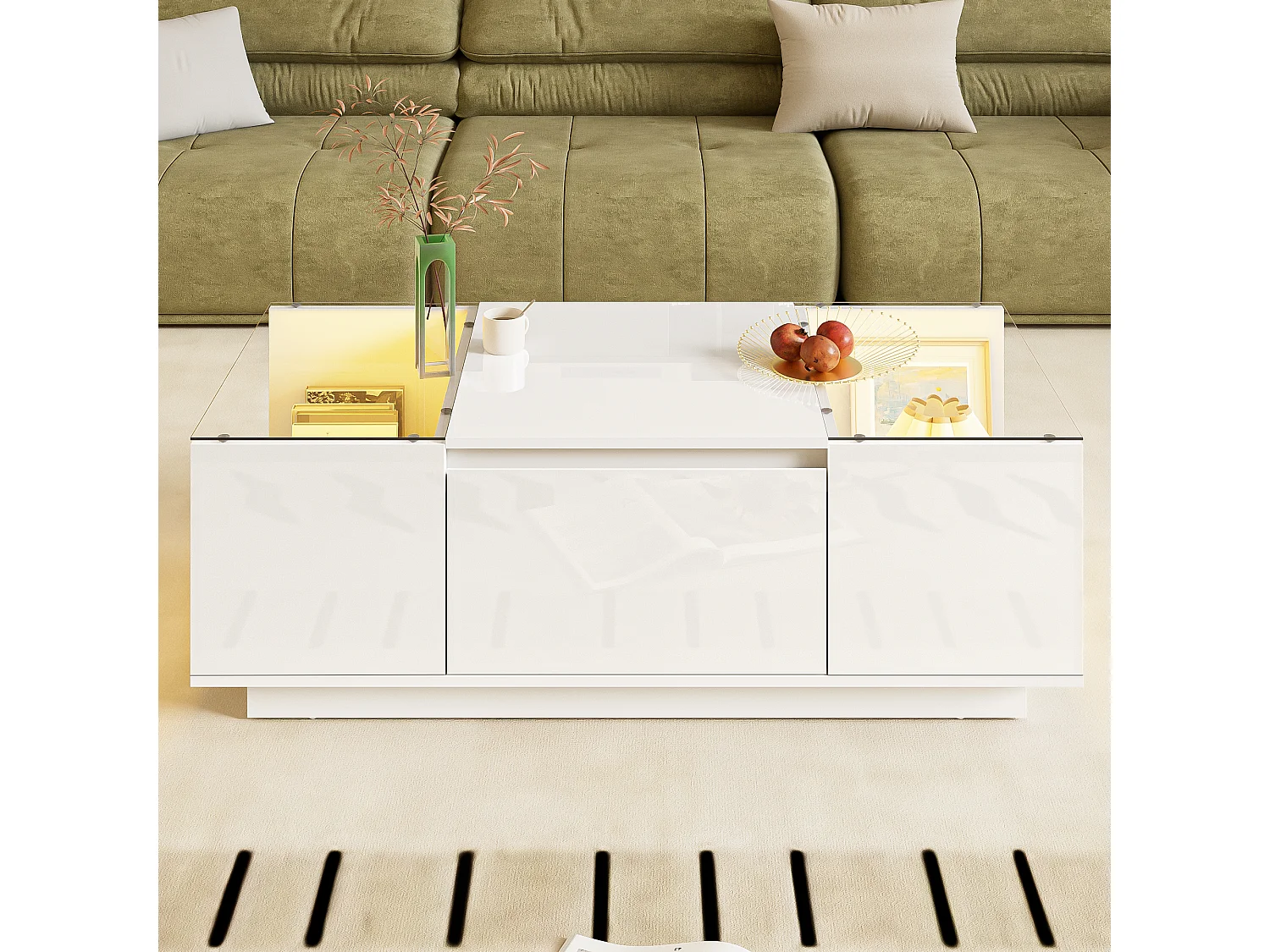 Couchtisch 105 cm moderne et minimaliste avec espace de rangement, illumination d’ambiance LED, plateau en verre et 2 tiroirs