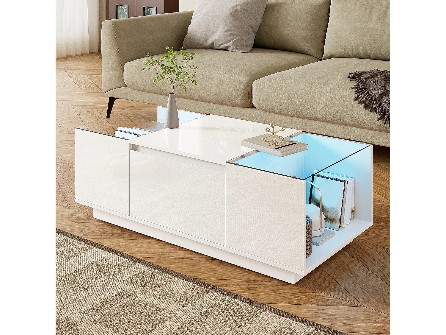 Couchtisch 105 cm moderne et minimaliste avec espace de rangement, illumination d’ambiance LED, plateau en verre et 2 tiroirs