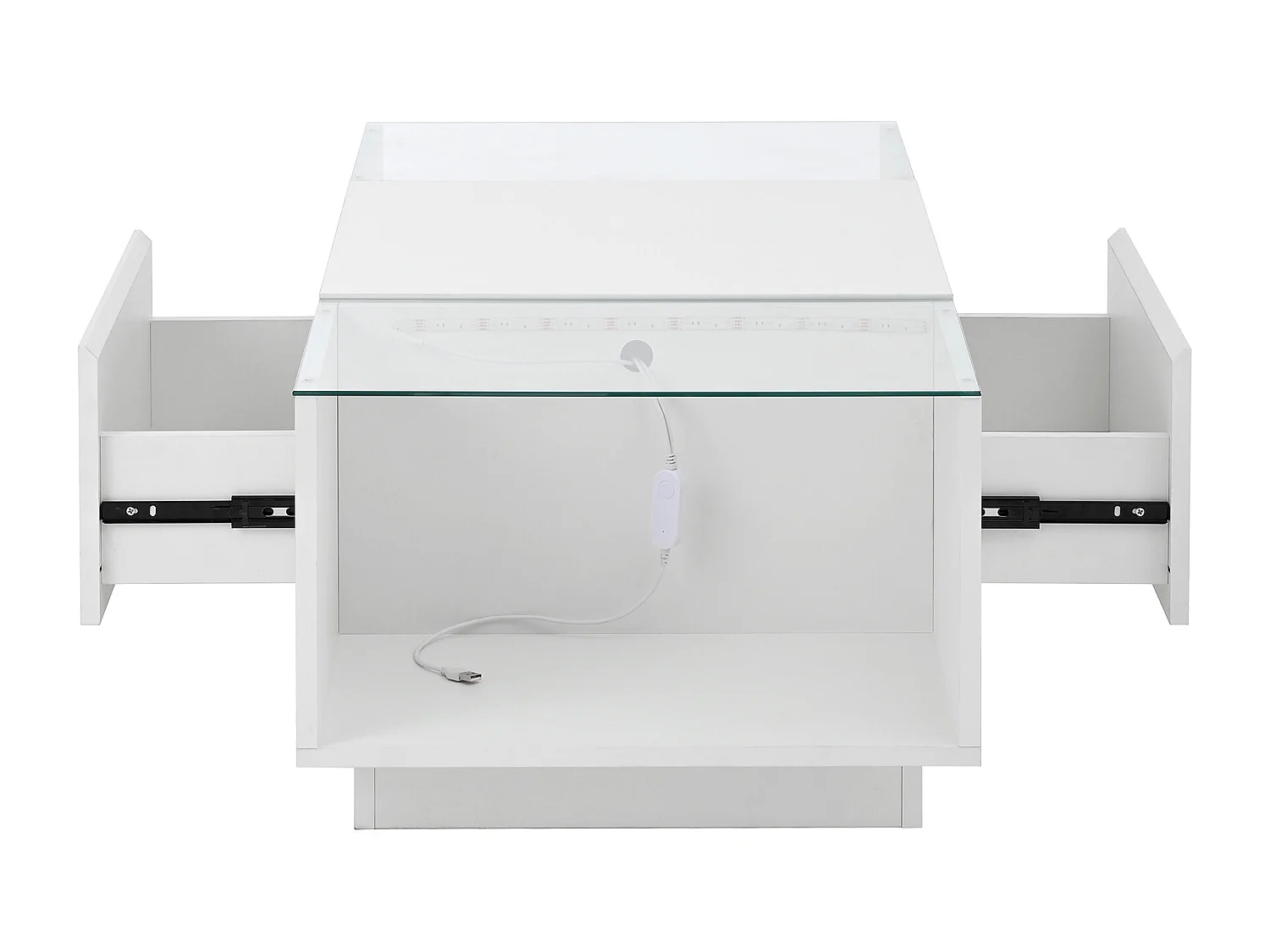 Couchtisch 105 cm moderne et minimaliste avec espace de rangement, illumination d’ambiance LED, plateau en verre et 2 tiroirs