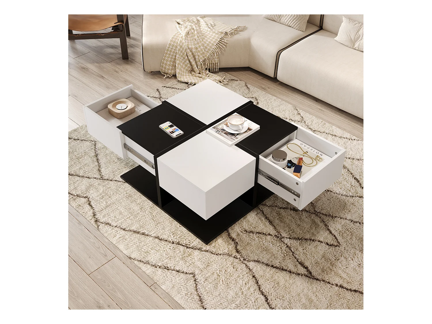 Table basse moderne noir et blanc 70×70×35,5 cm avec 2 tiroirs, table carrée salon avec rangement et finition brillante