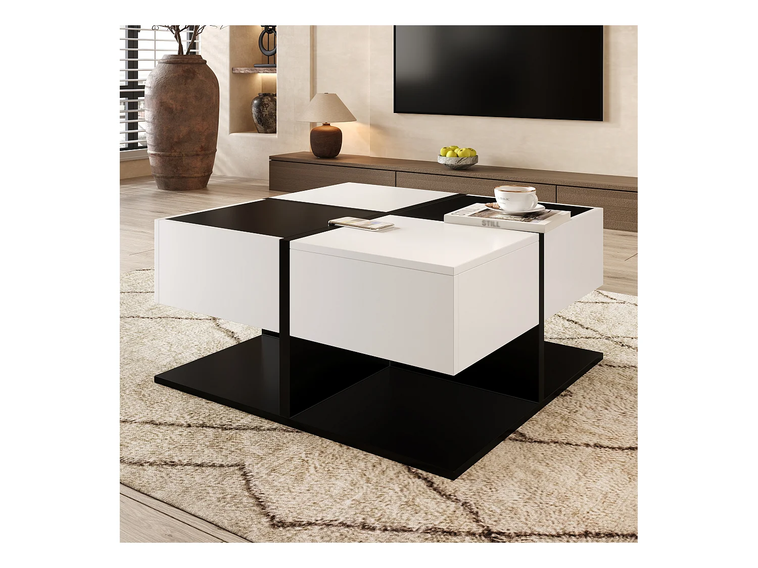 Table basse moderne noir et blanc 70×70×35,5 cm avec 2 tiroirs, table carrée salon avec rangement et finition brillante