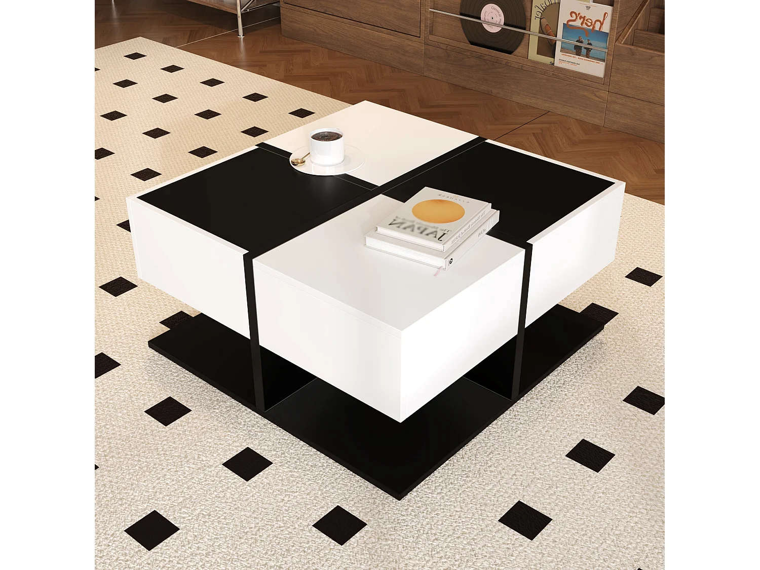 Table basse moderne noir et blanc 70×70×35,5 cm avec 2 tiroirs, table carrée salon avec rangement et finition brillante