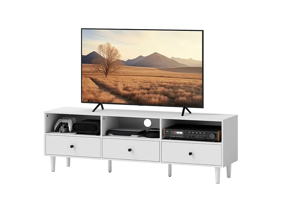 Mobile TV Bianco 140 cm 3 Tiroirs 3 Étagères Rangement pour Téléviseur 75 Pouces Salon