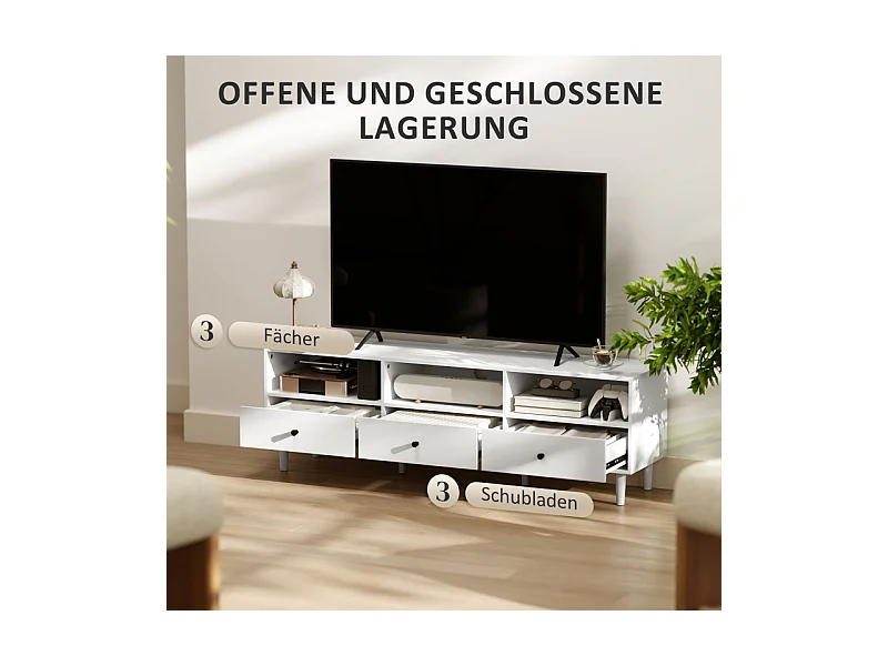 Mobile TV Bianco 140 cm 3 Tiroirs 3 Étagères Rangement pour Téléviseur 75 Pouces Salon
