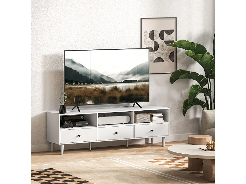 Mobile TV Bianco 140 cm 3 Tiroirs 3 Étagères Rangement pour Téléviseur 75 Pouces Salon