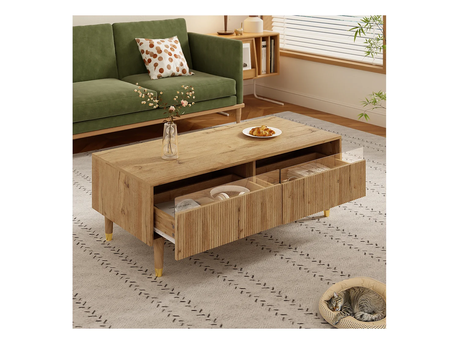 Table basse moderne avec LED : plaque de tiroir ondulée, pieds en bois doré, deux tiroirs et bande LED à changement de couleur
