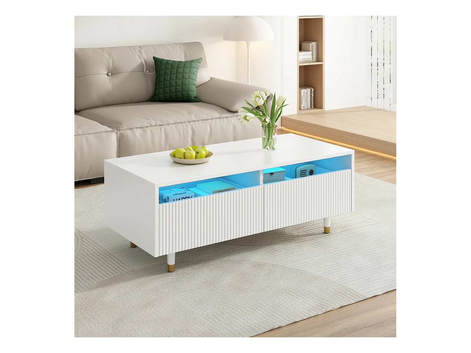 Table basse LED moderne : plateau de tiroir ondulé, pieds or-blanc, 2 tiroirs et bandeau LED changeant de couleur (meuble TV adapté disponible