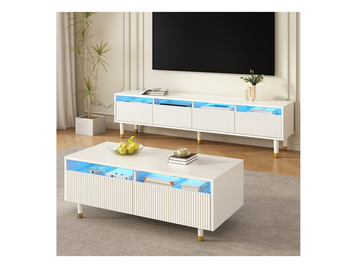 Table basse LED moderne : plateau de tiroir ondulé, pieds or-blanc, 2 tiroirs et bandeau LED changeant de couleur (meuble TV adapté disponible
