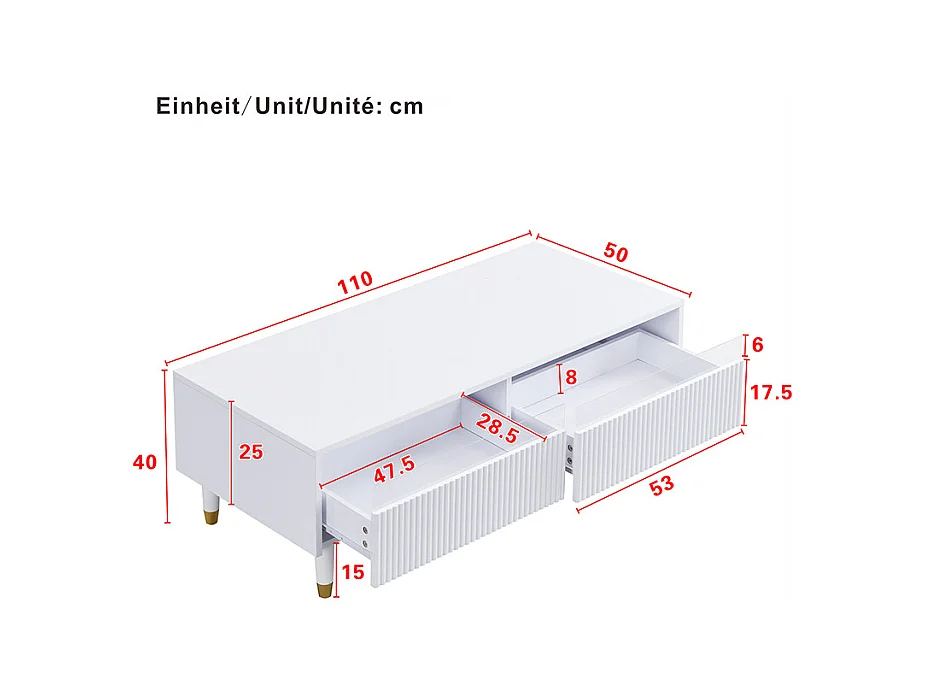 Table basse LED moderne : plateau de tiroir ondulé, pieds or-blanc, 2 tiroirs et bandeau LED changeant de couleur (meuble TV adapté disponible