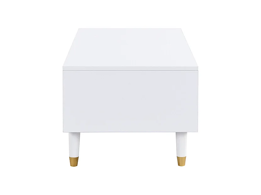 Table basse LED moderne : plateau de tiroir ondulé, pieds or-blanc, 2 tiroirs et bandeau LED changeant de couleur (meuble TV adapté disponible
