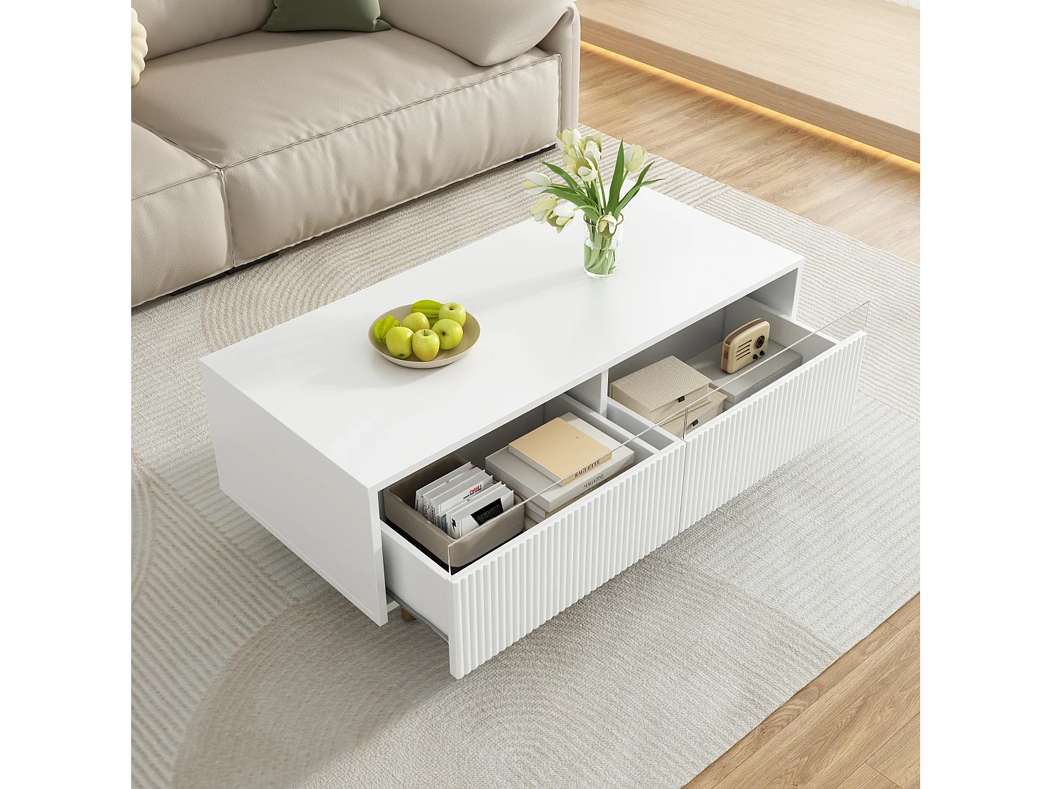 Table basse LED moderne : plateau de tiroir ondulé, pieds or-blanc, 2 tiroirs et bandeau LED changeant de couleur (meuble TV adapté disponible