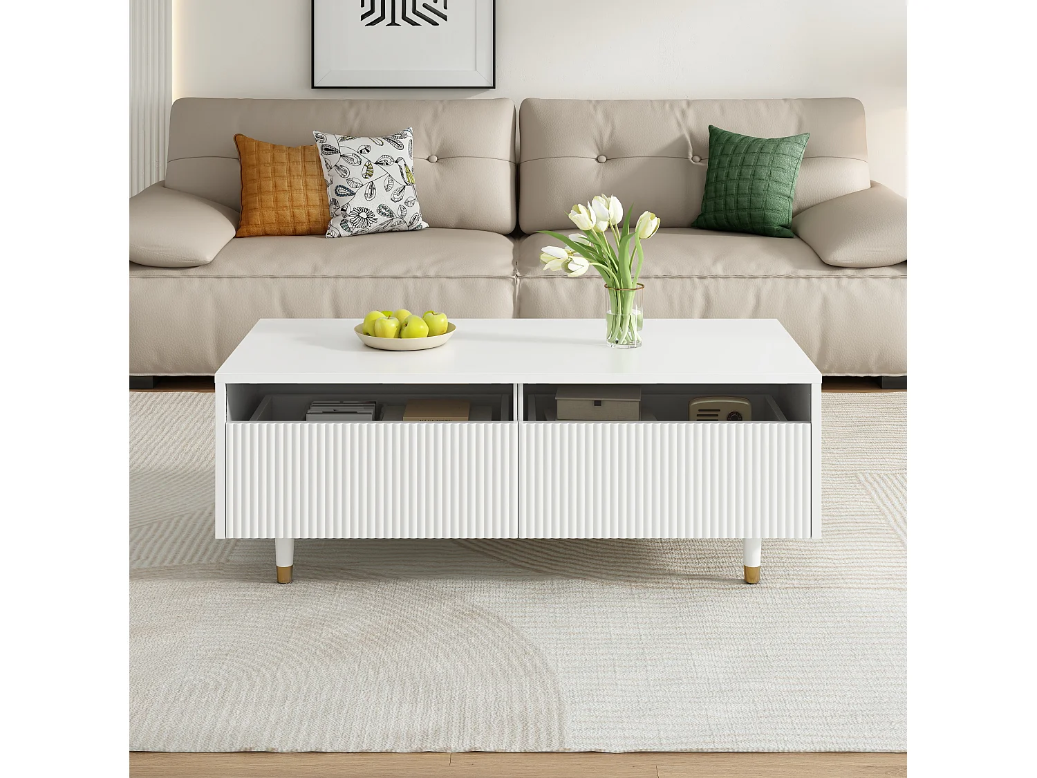 Table basse LED moderne : plateau de tiroir ondulé, pieds or-blanc, 2 tiroirs et bandeau LED changeant de couleur (meuble TV adapté disponible