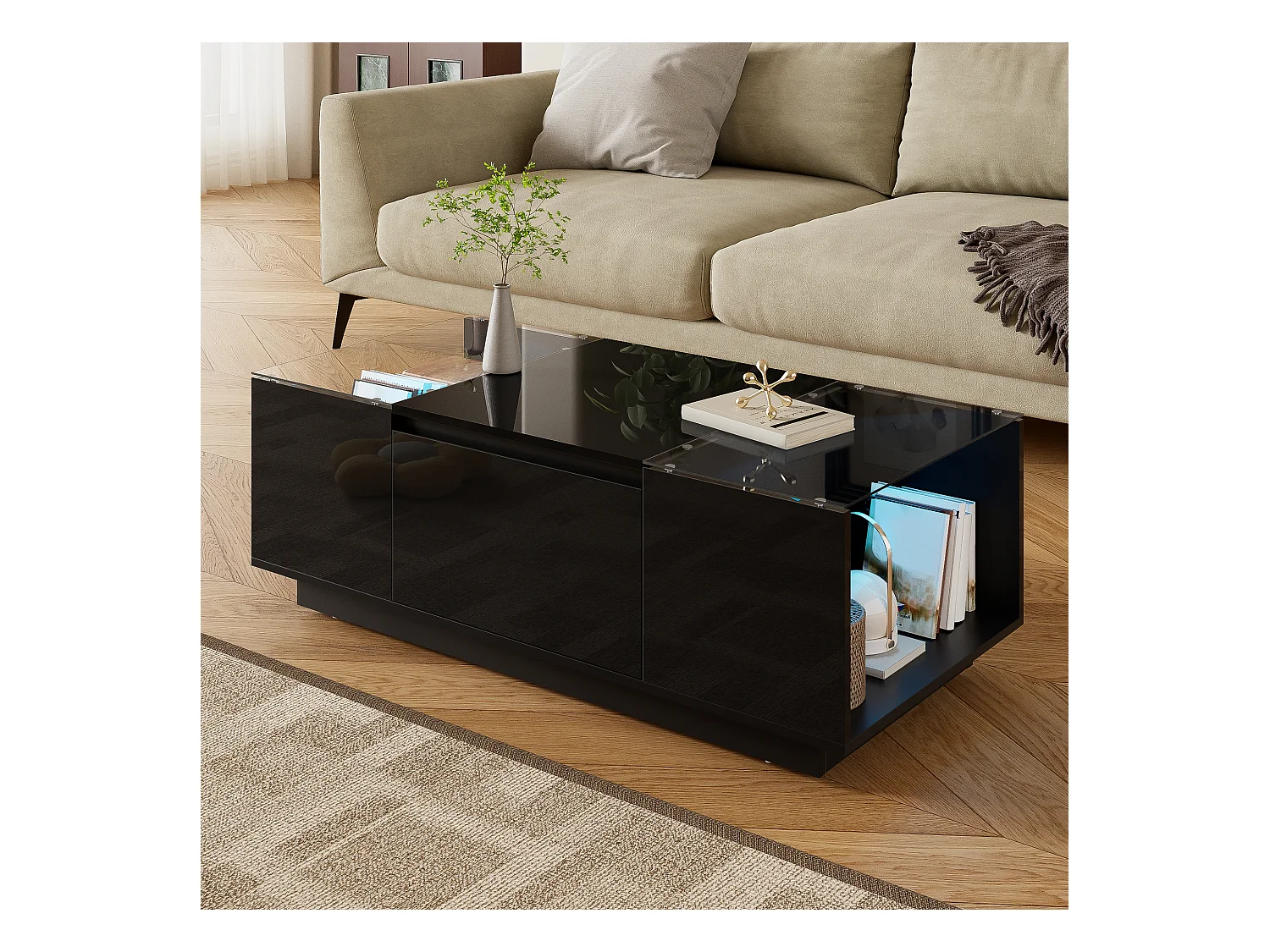 Couchtisch 105 cm moderne et minimaliste avec espace de rangement, illumination d’ambiance LED, plateau en verre et 3 tiroirs