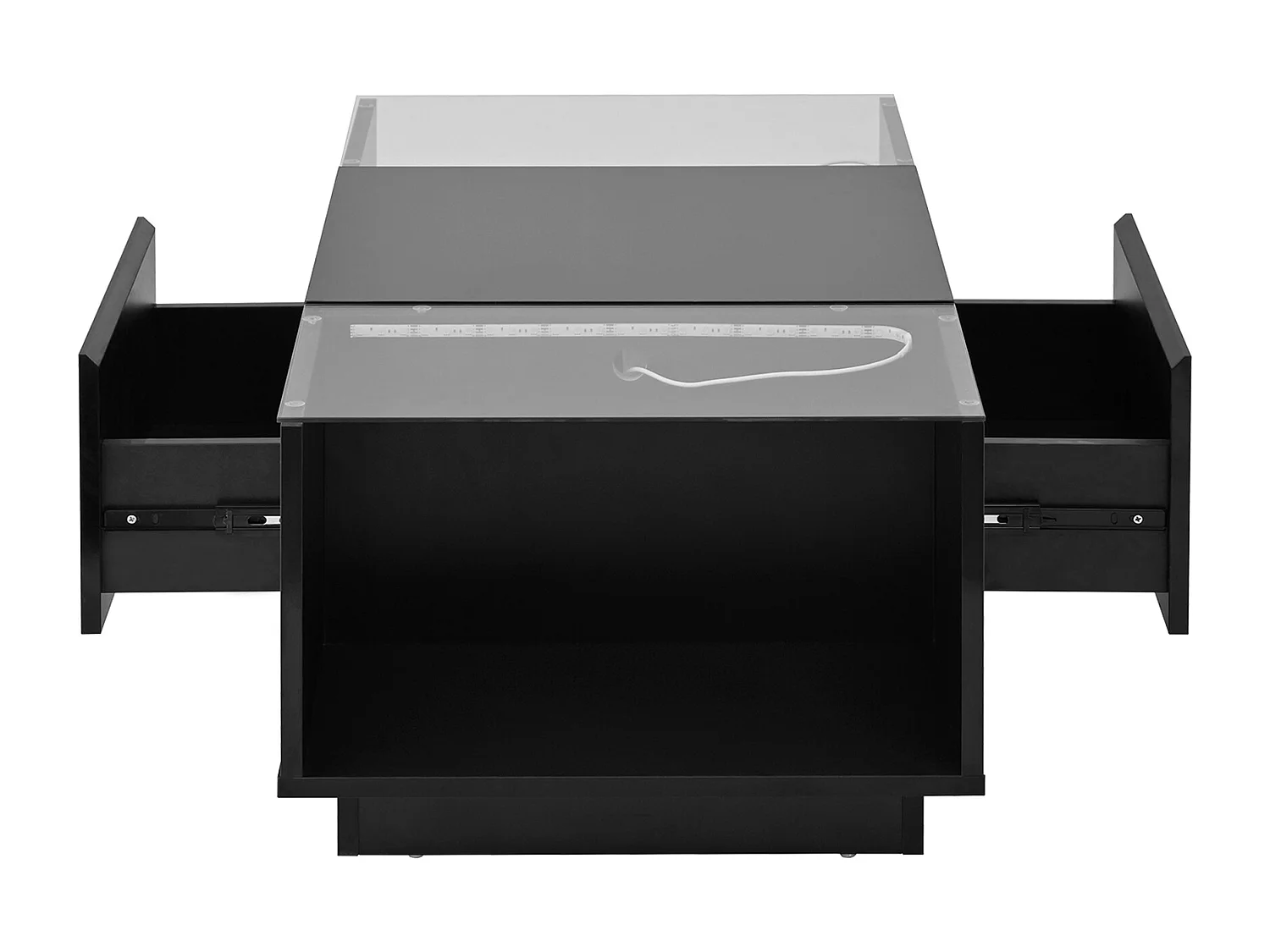 Couchtisch 105 cm moderne et minimaliste avec espace de rangement, illumination d’ambiance LED, plateau en verre et 3 tiroirs