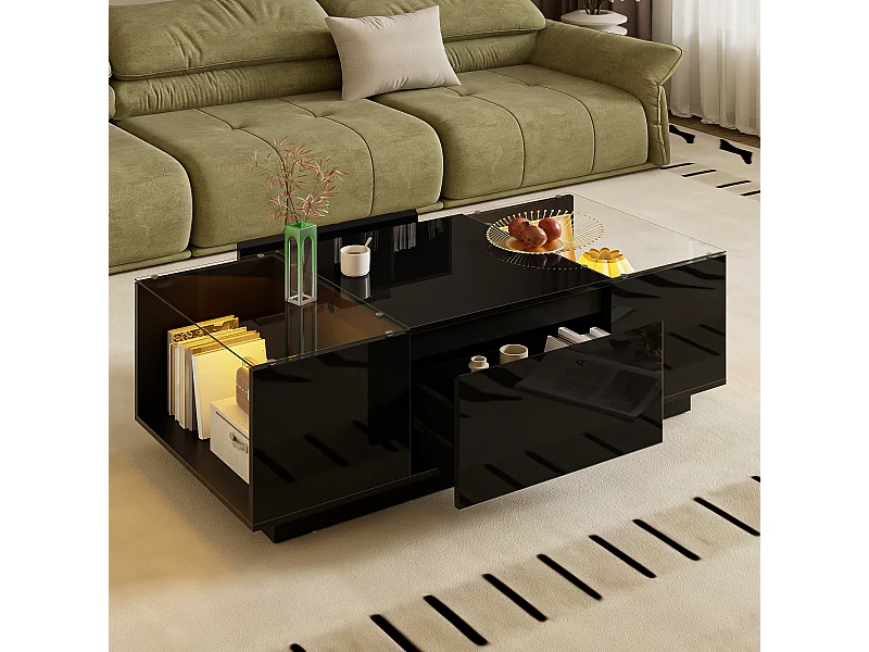 Couchtisch 105 cm moderne et minimaliste avec espace de rangement, illumination d’ambiance LED, plateau en verre et 3 tiroirs