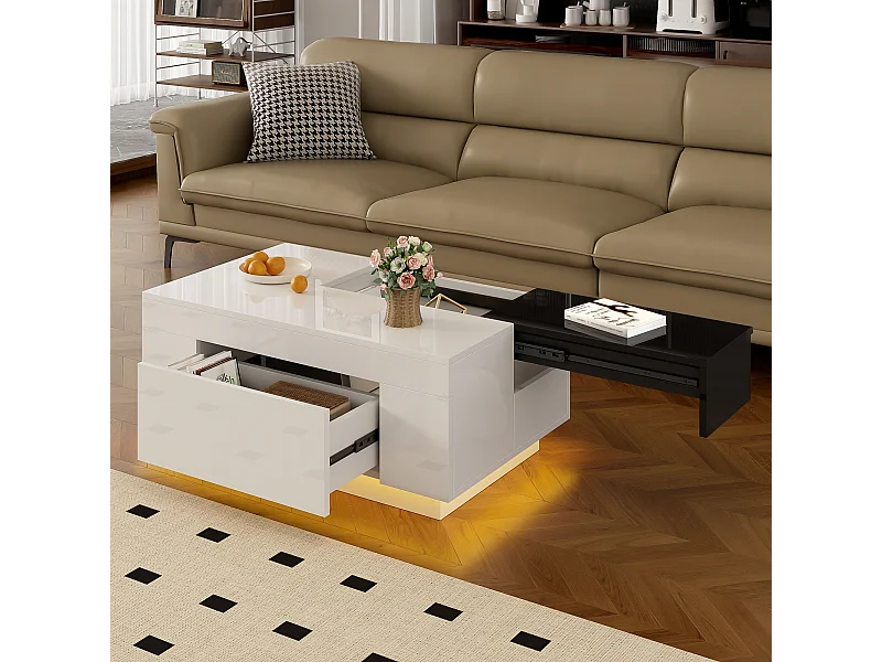 Table basse laquée avec LED, plateau extensible noir et blanc, rangement caché et bande lumineuse 16 couleurs