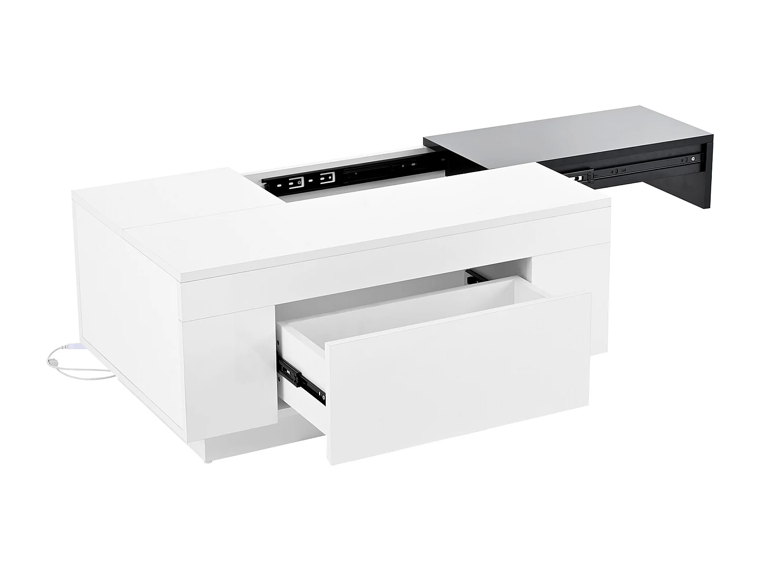 Table basse laquée avec LED, plateau extensible noir et blanc, rangement caché et bande lumineuse 16 couleurs