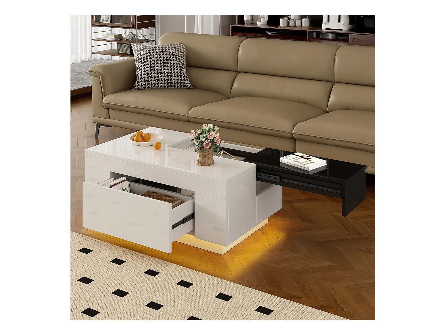 Table basse laquée avec LED, plateau extensible noir et blanc, rangement caché et bande lumineuse 16 couleurs