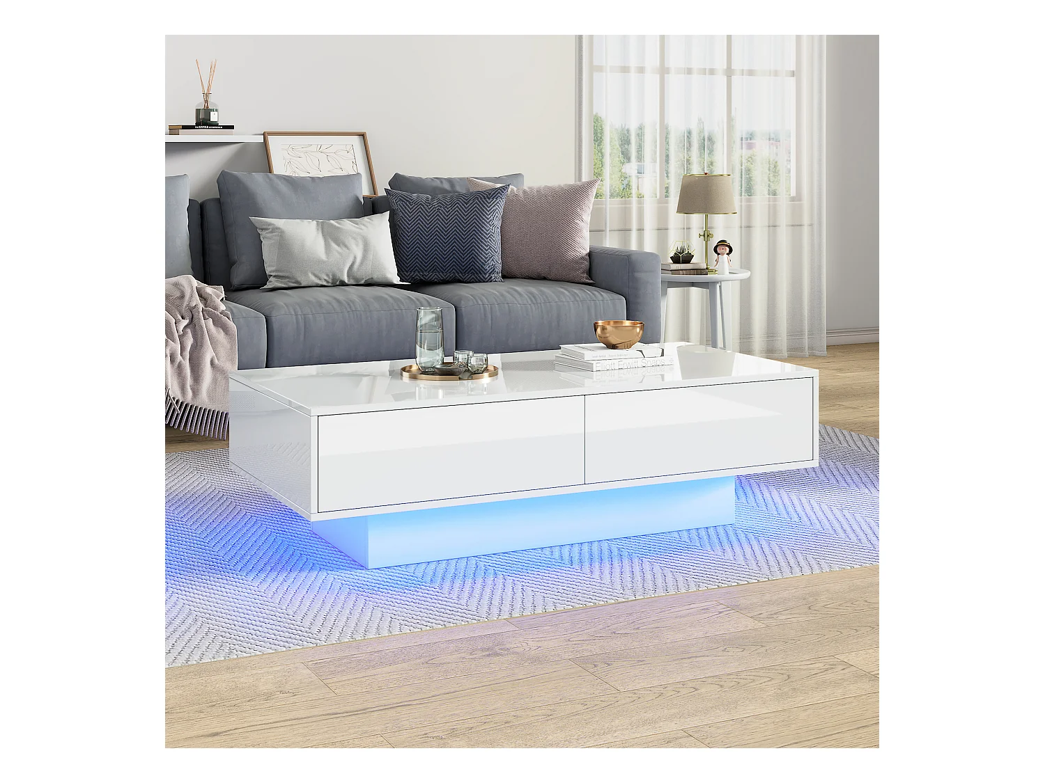 Table basse moderne blanche à haute brillance 115 x 55 x 34 cm : Avec 2 tiroirs, éclairage LED et 30 kg de charge, table basse élégante pour salon