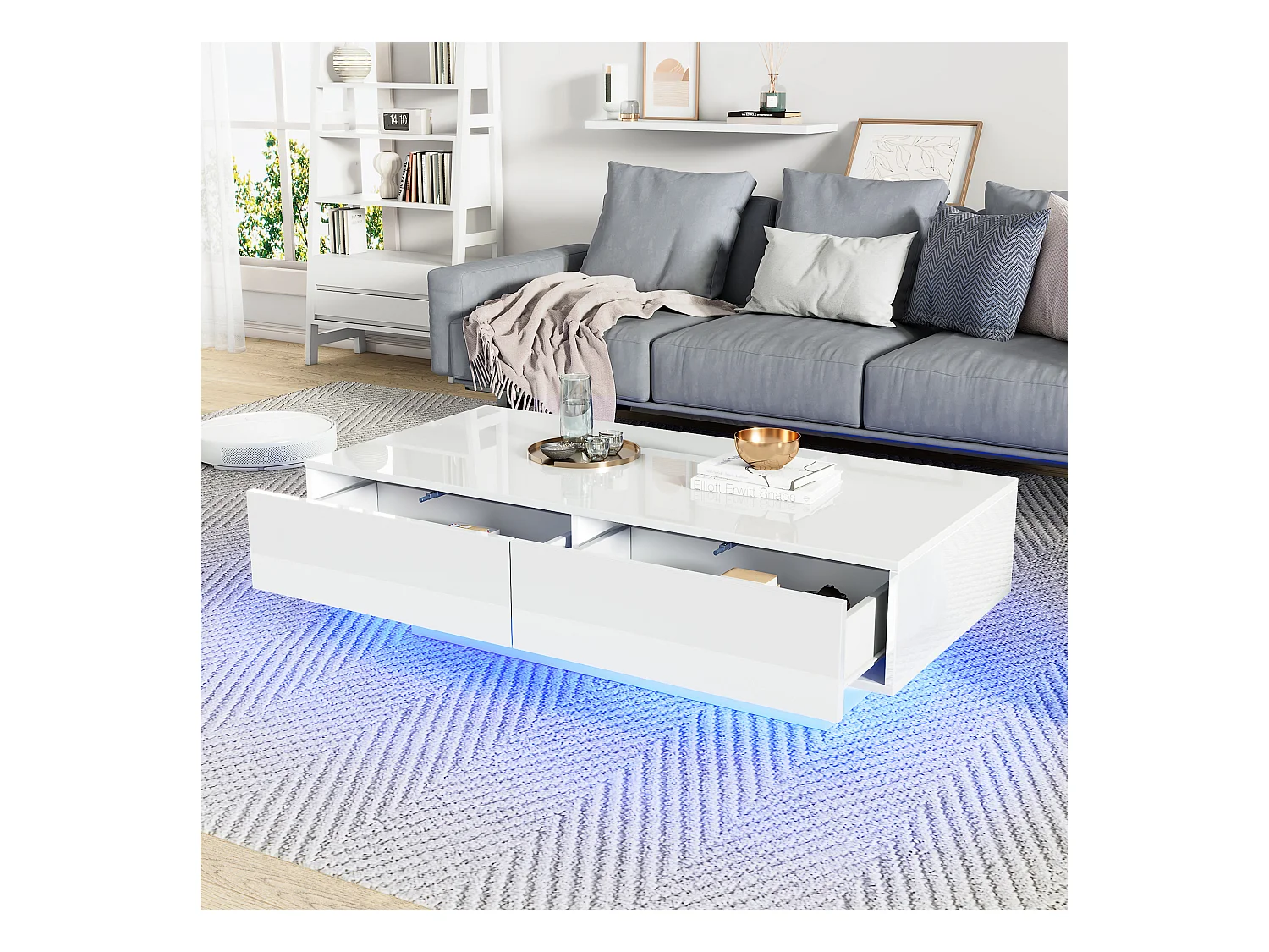 Table basse moderne blanche à haute brillance 115 x 55 x 34 cm : Avec 2 tiroirs, éclairage LED et 30 kg de charge, table basse élégante pour salon