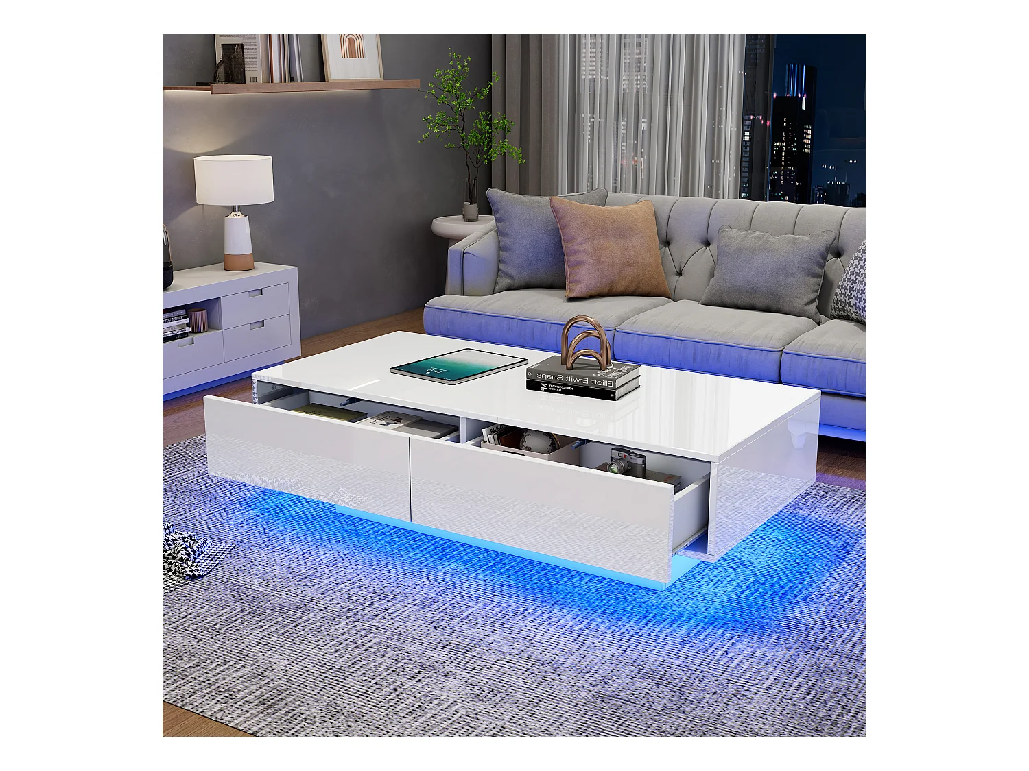 Table basse moderne blanche à haute brillance 115 x 55 x 34 cm : Avec 2 tiroirs, éclairage LED et 30 kg de charge, table basse élégante pour salon