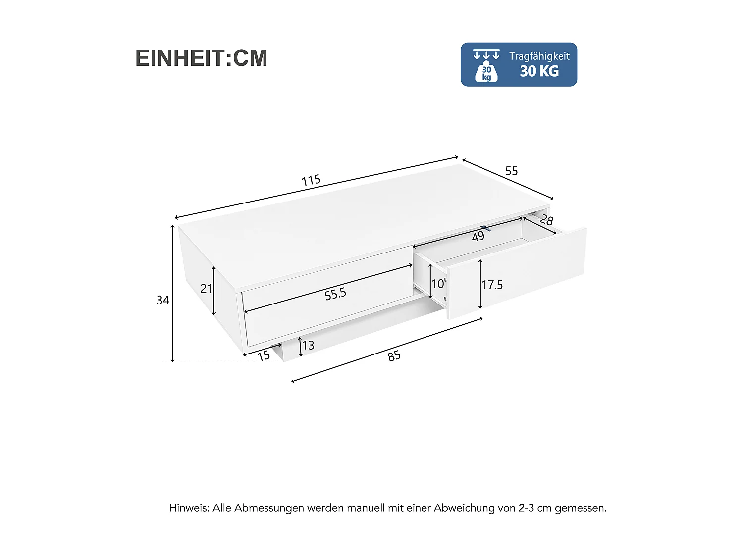 Table basse moderne blanche à haute brillance 115 x 55 x 34 cm : Avec 2 tiroirs, éclairage LED et 30 kg de charge, table basse élégante pour salon