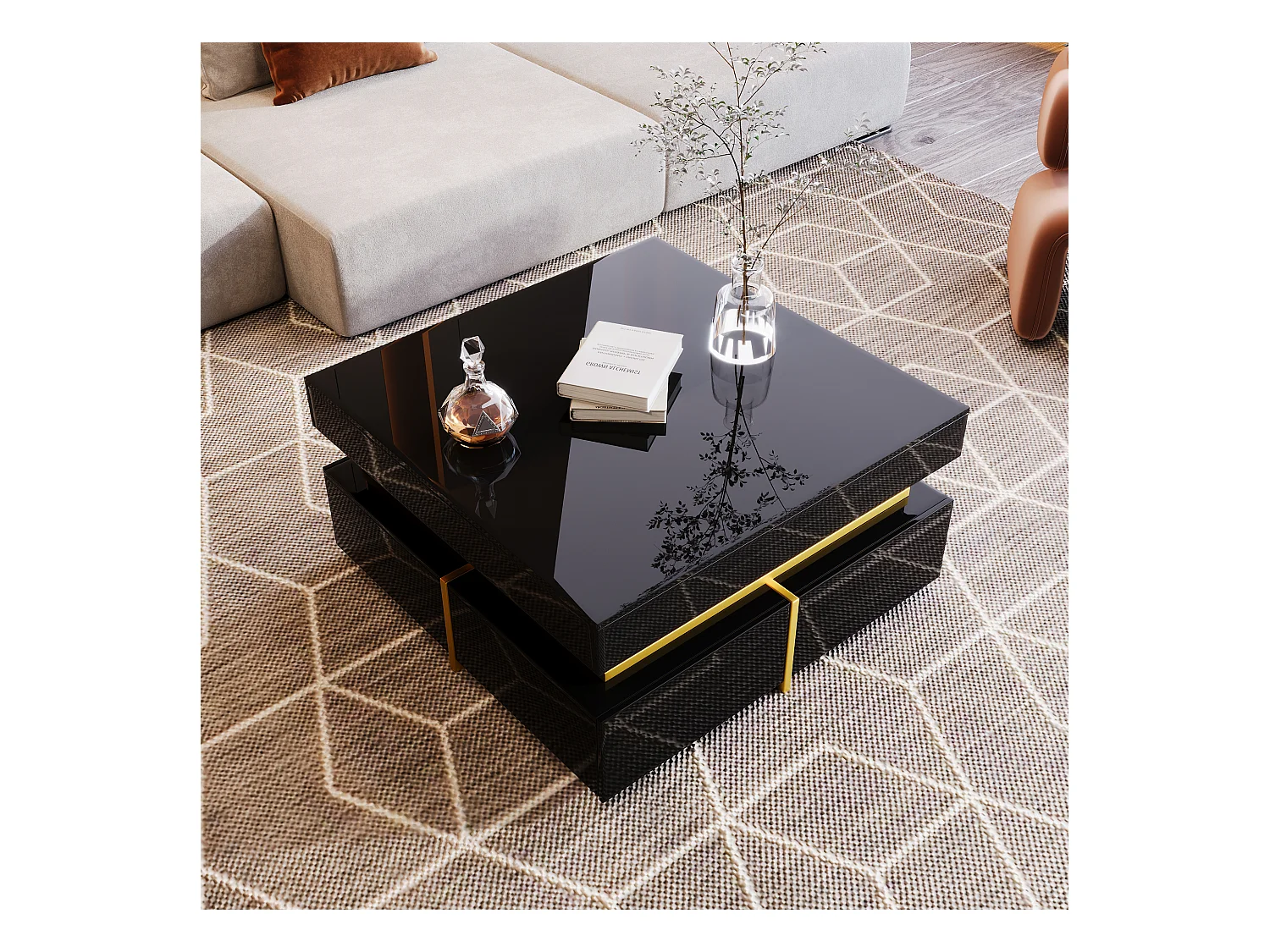 Table basse brillante avec tiroirs et accents dorés, design moderne pour salon élégant