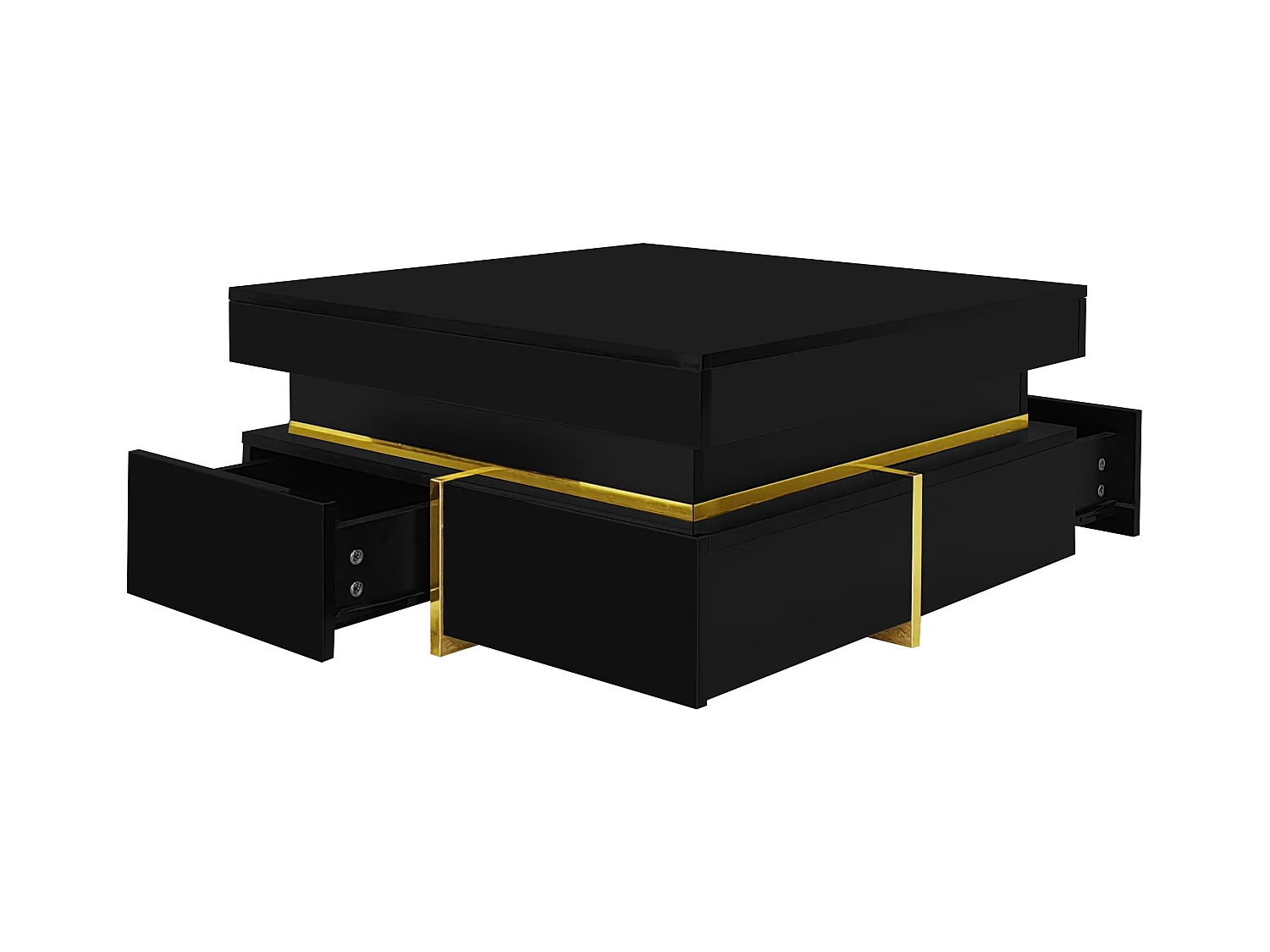 Table basse brillante avec tiroirs et accents dorés, design moderne pour salon élégant