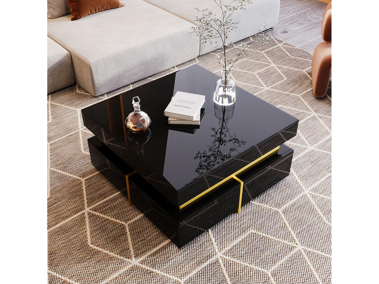 Table basse brillante avec tiroirs et accents dorés, design moderne pour salon élégant