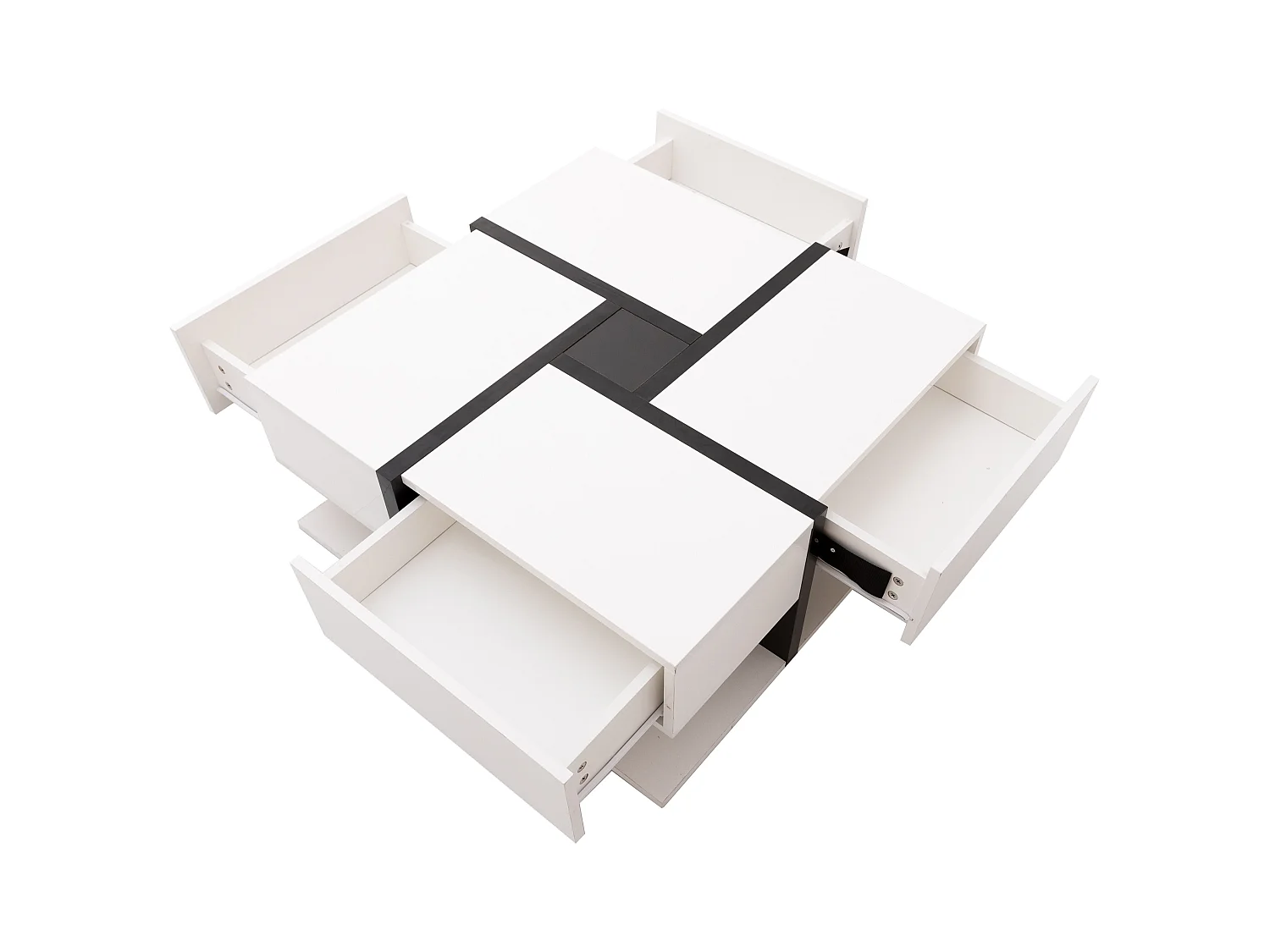 Table basse brillante 78x78x36 cm avec 4 tiroirs, design moderne à lignes uniques, grand espace de rangement inférieur