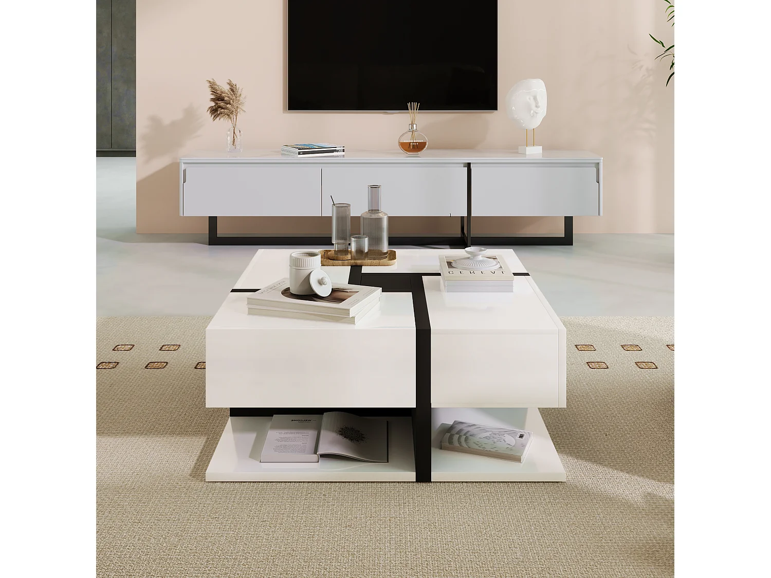 Table basse brillante 78x78x36 cm avec 4 tiroirs, design moderne à lignes uniques, grand espace de rangement inférieur