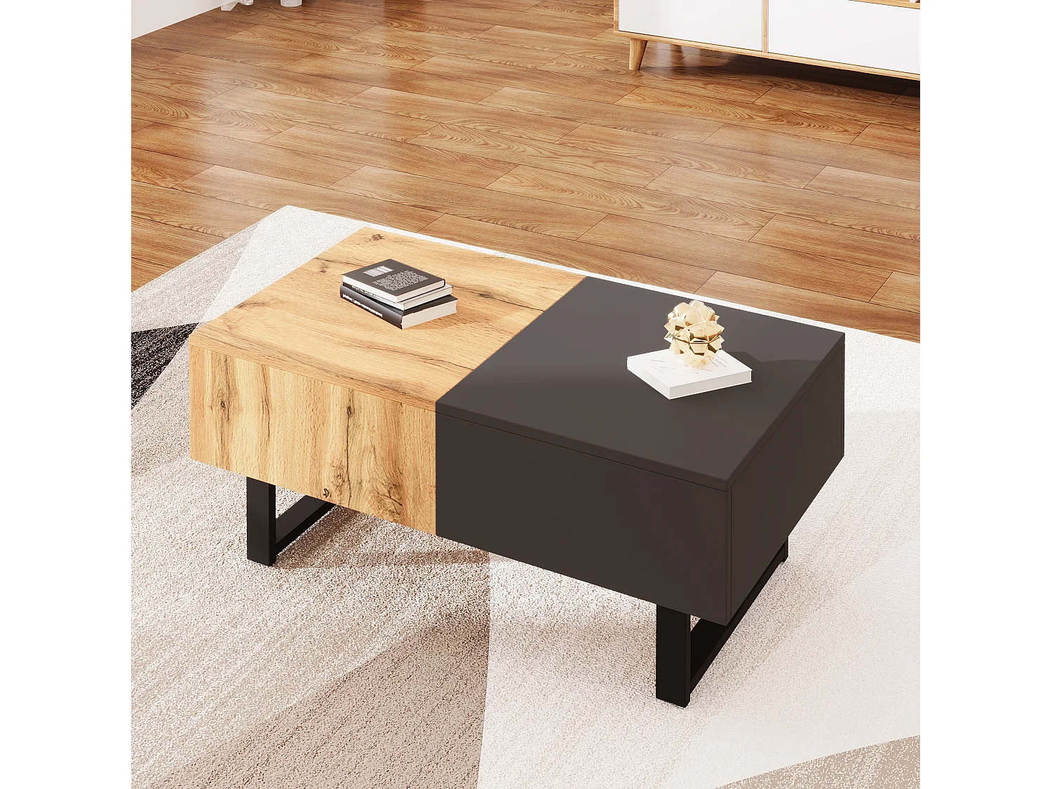 Table basse moderne multifonction, coulissante avec rangement caché, bois et métal, facile à installer, 155x55x40 cm