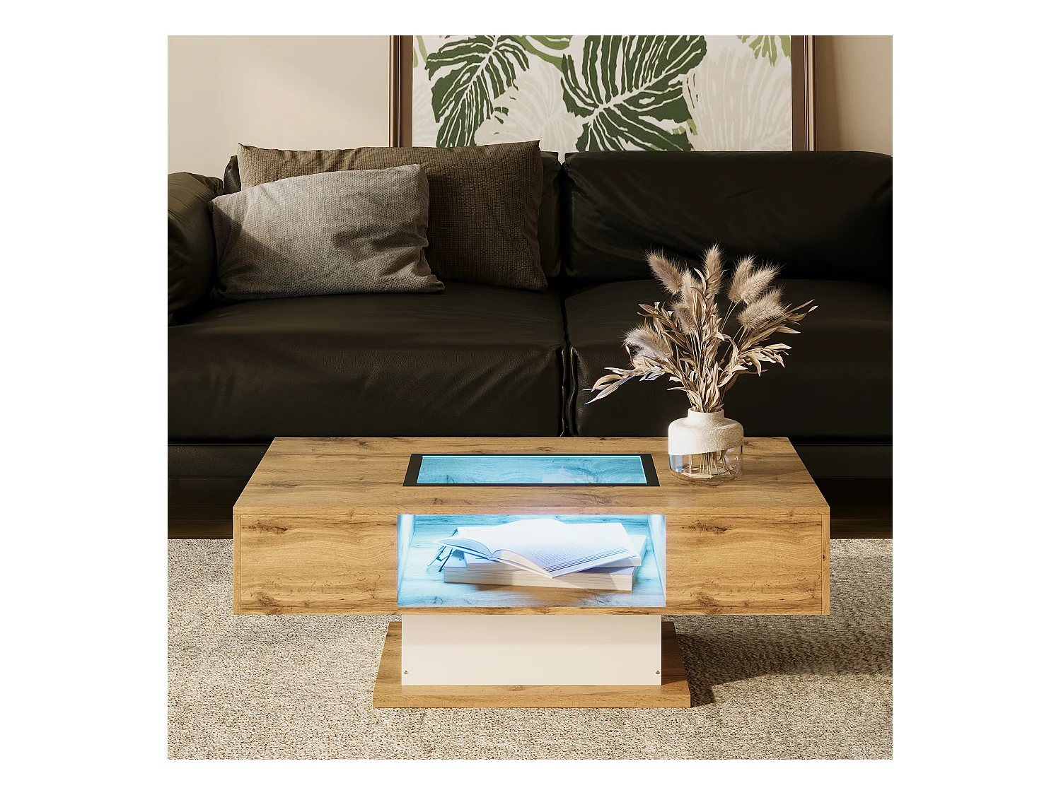 Table basse avec éclairage LED multicolore, plateau en verre et 2 tiroirs