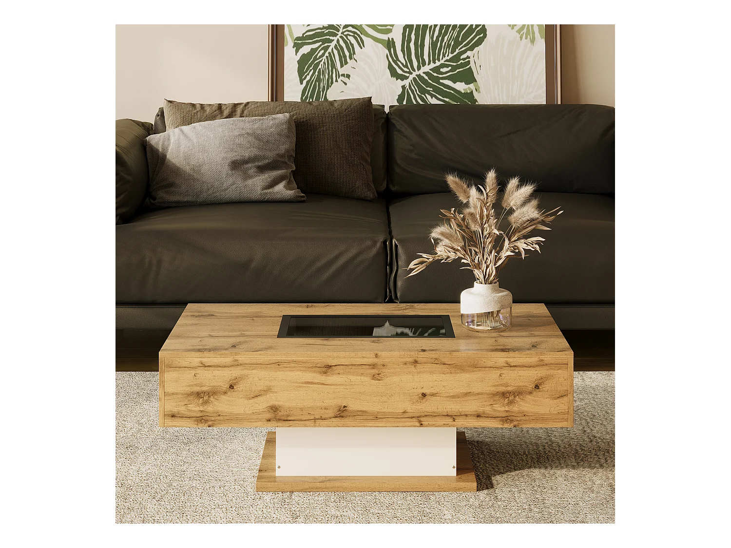 Table basse avec éclairage LED multicolore, plateau en verre et 2 tiroirs