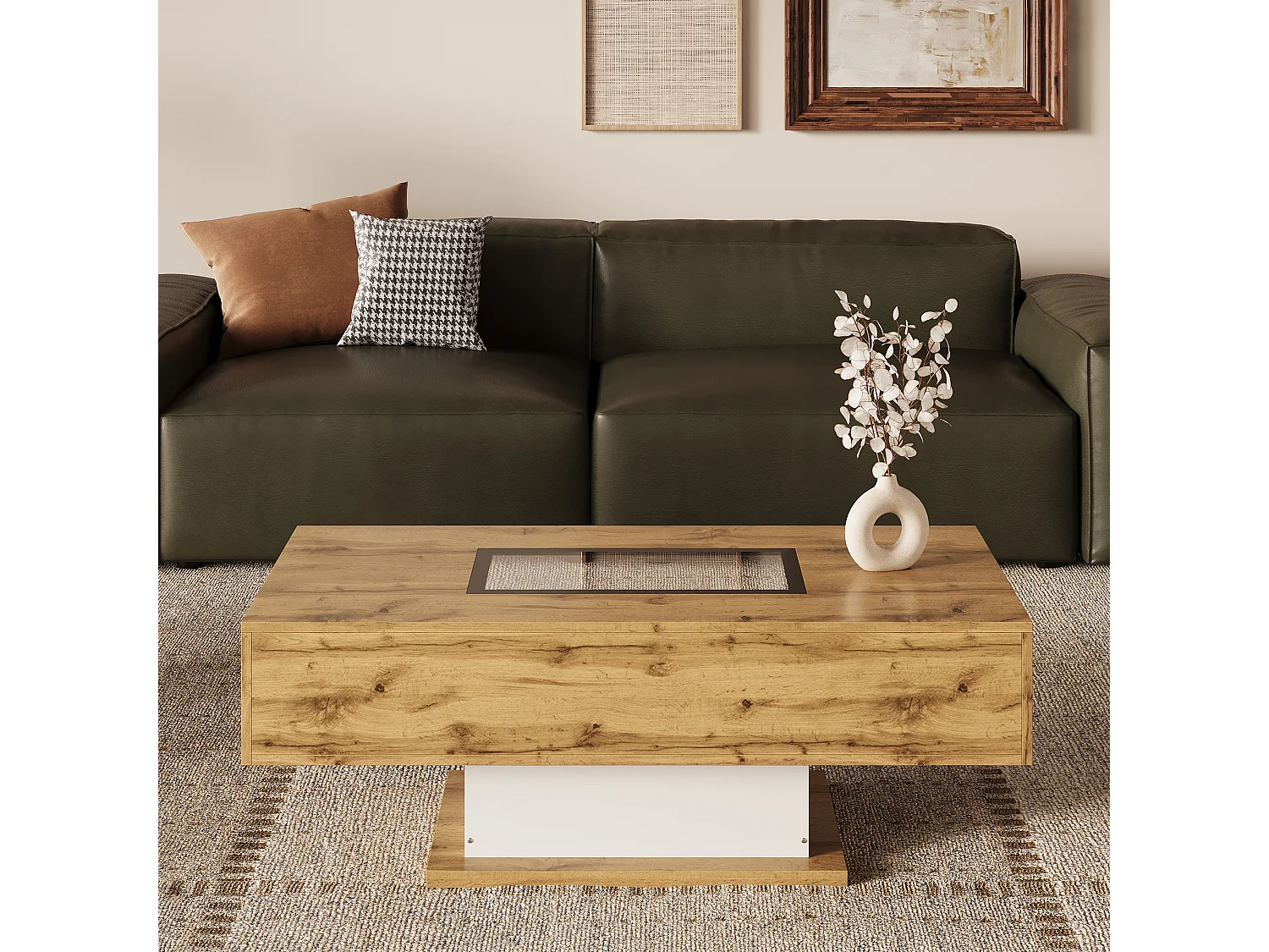 Table basse avec éclairage LED multicolore, plateau en verre et 2 tiroirs