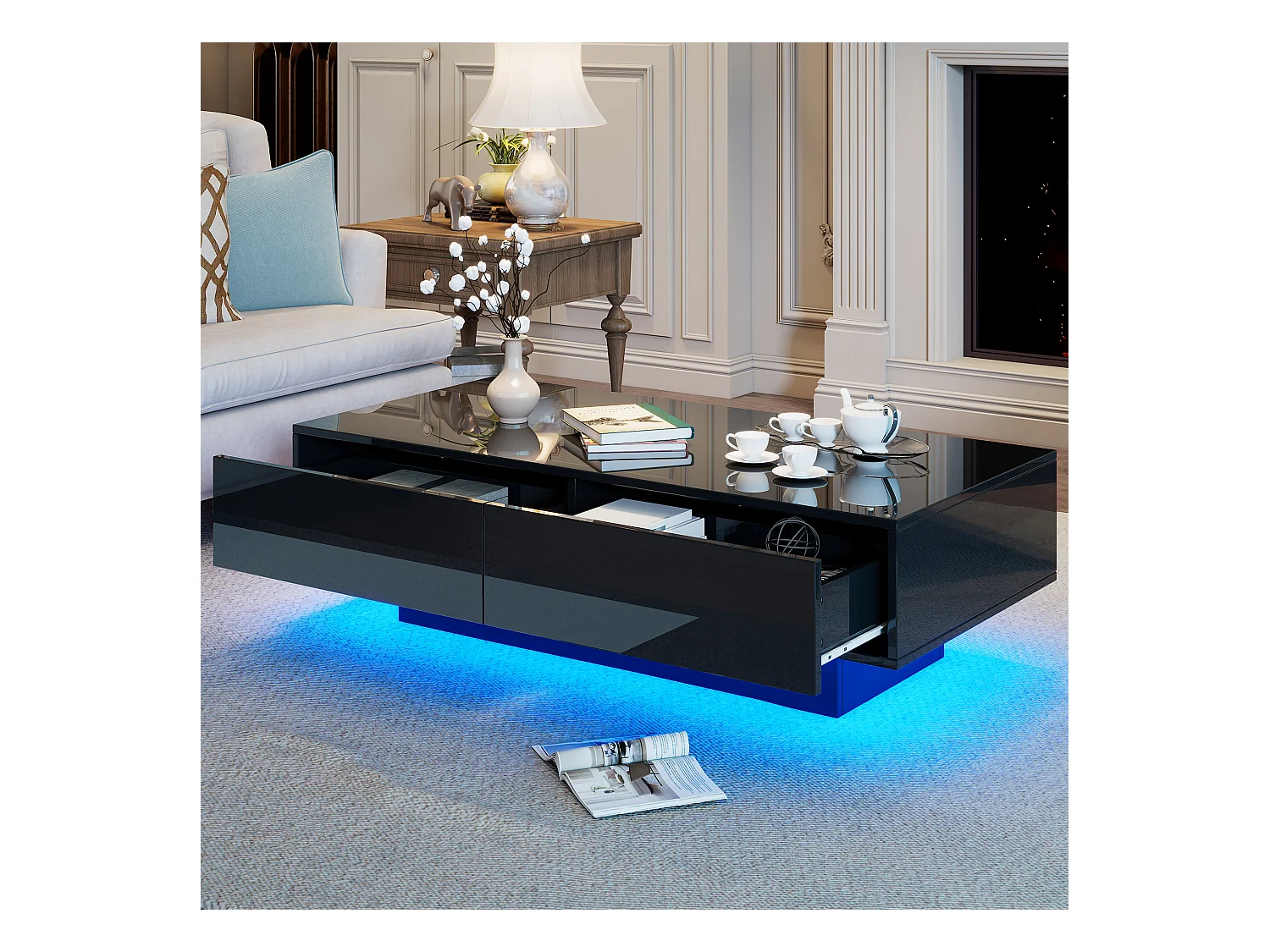 Table basse moderne Noir à haute brillance 115 x 55 x 34 cm : Avec 2 tiroirs, éclairage LED et 30 kg de charge, table basse élégante pour salon