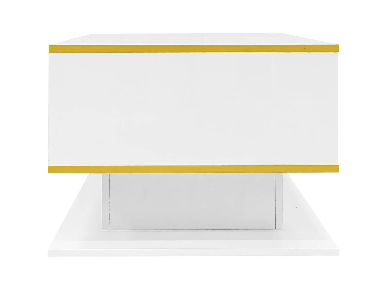 Table basse LED moderne avec surface brillante, détails dorés, trois tiroirs et niche ouverte avec bande lumineuse LED multicolore