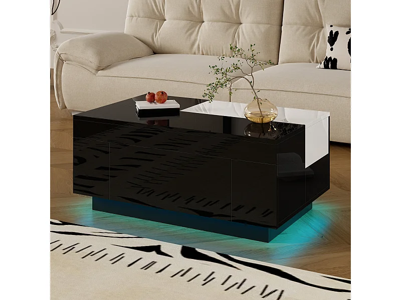 Table basse brillante avec LED, plateau extensible noir et blanc, rangement caché et bande lumineuse 16 couleurs