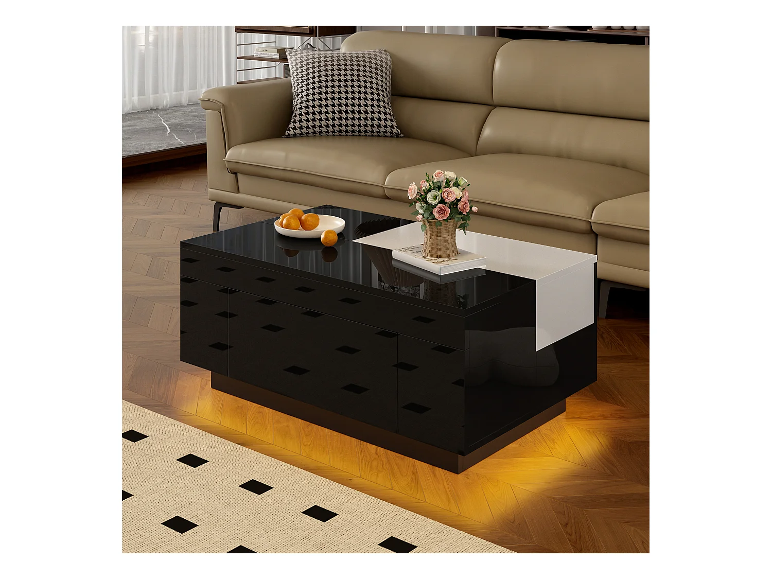 Table basse brillante avec LED, plateau extensible noir et blanc, rangement caché et bande lumineuse 16 couleurs