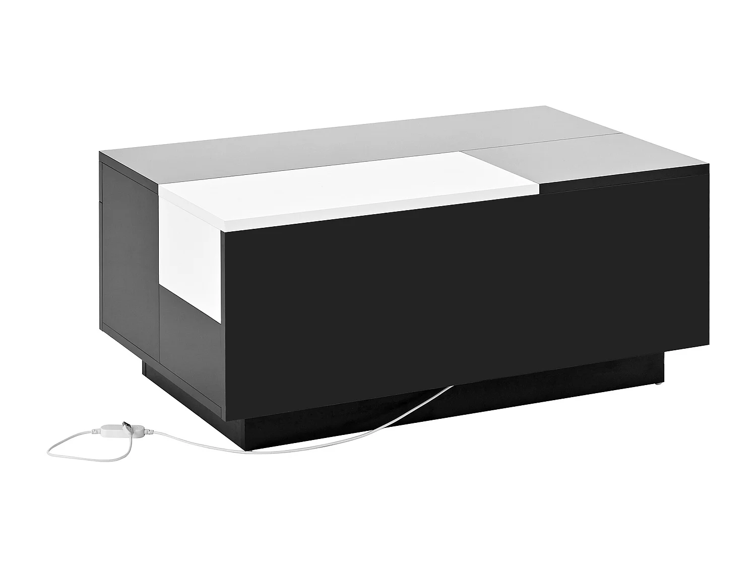 Table basse brillante avec LED, plateau extensible noir et blanc, rangement caché et bande lumineuse 16 couleurs