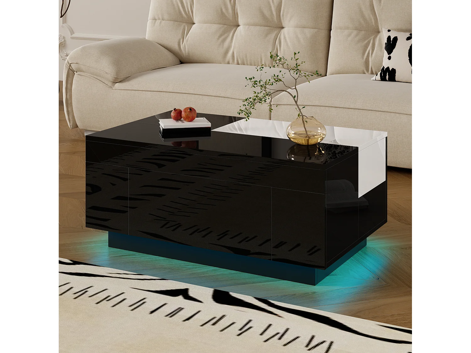 Table basse brillante avec LED, plateau extensible noir et blanc, rangement caché et bande lumineuse 16 couleurs