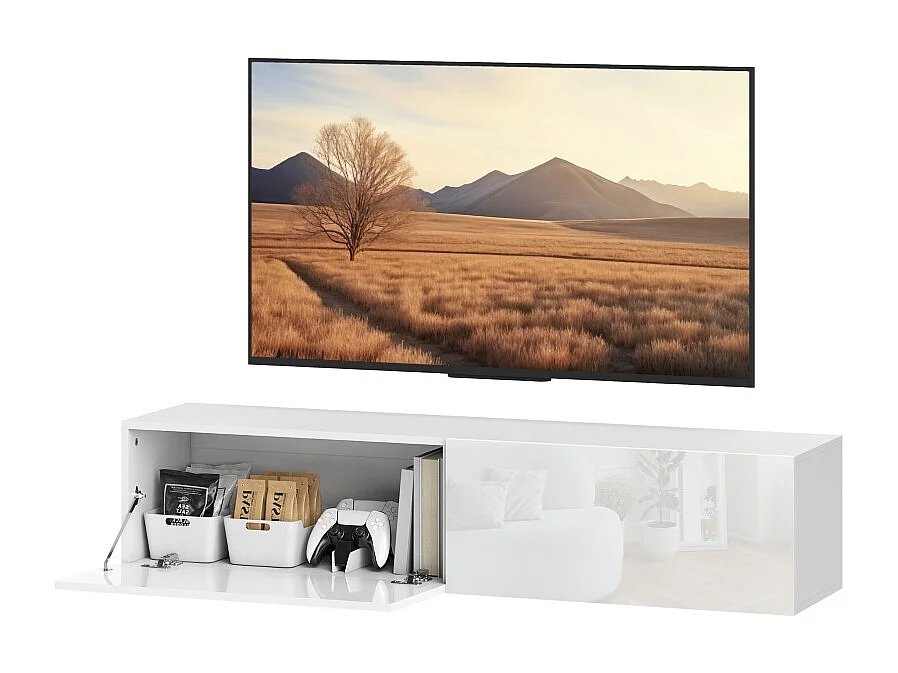 Mobile TV murale 140 cm Blanc 2 Portes Rangement pour Téléviseur 65 Pouces Salon