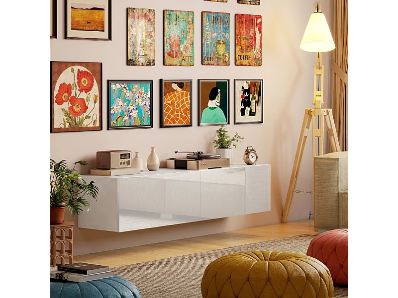 Mobile TV murale 140 cm Blanc 2 Portes Rangement pour Téléviseur 65 Pouces Salon