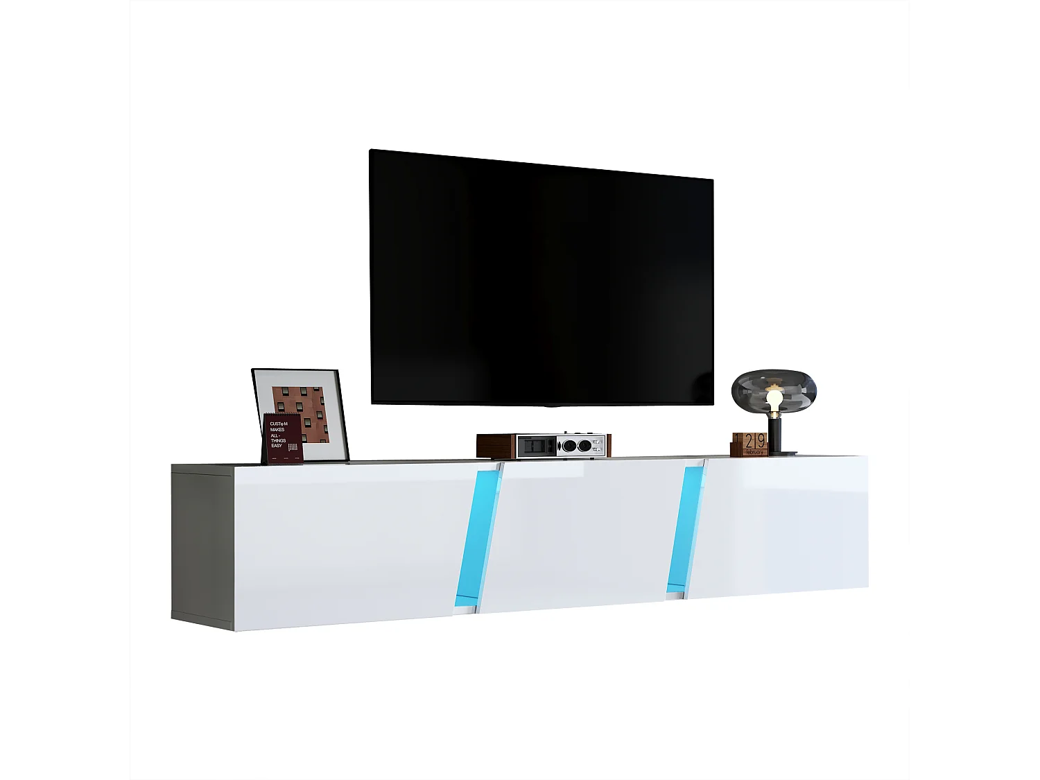 Mobile TV Murale 180 cm Bianco Brillant LED 3 Porte Illuminazione RGB per Televisore 75 Pouces